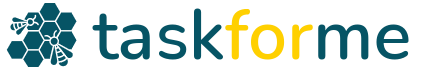 TaskforMe logo featuring a blue hexagon honeycomb icon to the left and the word 'task' in blue, 'for' in yellow, 'me' in blue.